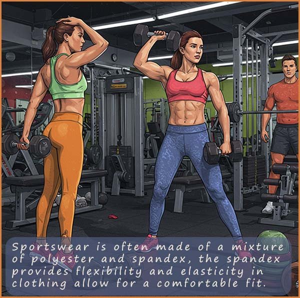 Image to show people working out in the gym, the sportwear often contains a mixture of polyester and spandex or elastane for flexibility and elasticity.